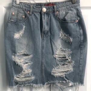 Signature 8 Ripped Distressed Blue Wash Denim Mini Skirt, Size Medium